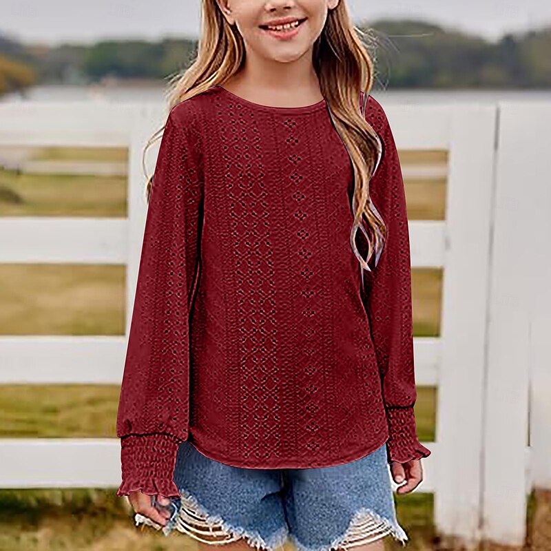 Kids Girls' T shirt Solid Color Casual Long Sleeve Lace Daily 4 years+ Spring Pink Wine Red