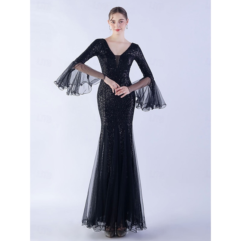 Mermaid / Trumpet Quinceanera Dresses Elegant Dress Formal Wedding Floor Length Long Sleeve V Neck Sequined with Sequin2