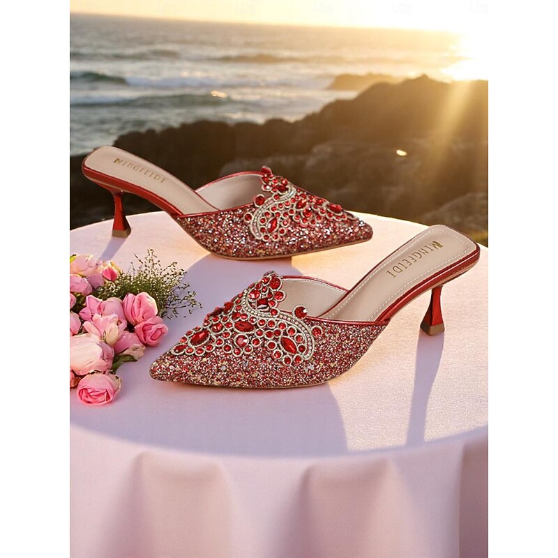 Women's Gold Sequin Embellished Mule Heels - Pointed Toe Slip-On Party Shoes with Rhinestone Detailing for Glamorous Cocktail Events4