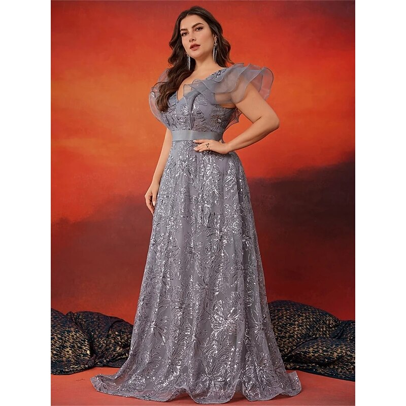 A-Line Plus Size Dresses Elegant Curve Dress Formal Wedding Floor Length Sleeveless V Neck Lace with Sequin4