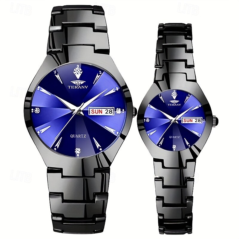 Two Round Dial Luminous Couple Watch Ipx7 Waterproof Quartz Watch Calendar Date Fashion Stainless Steel Business Watch For Women Men Dating Valentine'S Day Gift Watch4