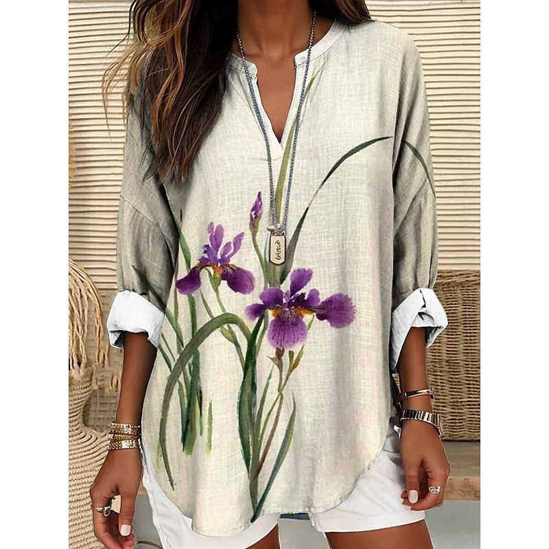 Women's Blouse Tunic V Neck Long Sleeve Boho Casual Tops Floral Graphic Elegant Vintage Daily Regular Tops Daily Wear Print White Pink Blue Dusty Blue Purple