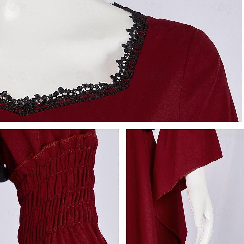Retro Vintage Victorian Medieval Dress OverDress Flare Cuff Sleeve Ruffle Sleeve Trumpet Sleeve Lady Viking Irish Square Neck Fancy Dress Women's Halloween Masquerade Casual Daily Renaissance Fair4