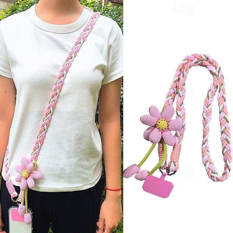Cute Braided Phone Lanyard Strap with Plush Flower Charm – Soft Neck Rope for Phone Case2