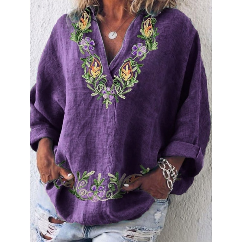 Women's Shirt Floral Basic Casual Long Sleeve V Neck Regular Tops Daily Print White Blue Purple Violet Summer
