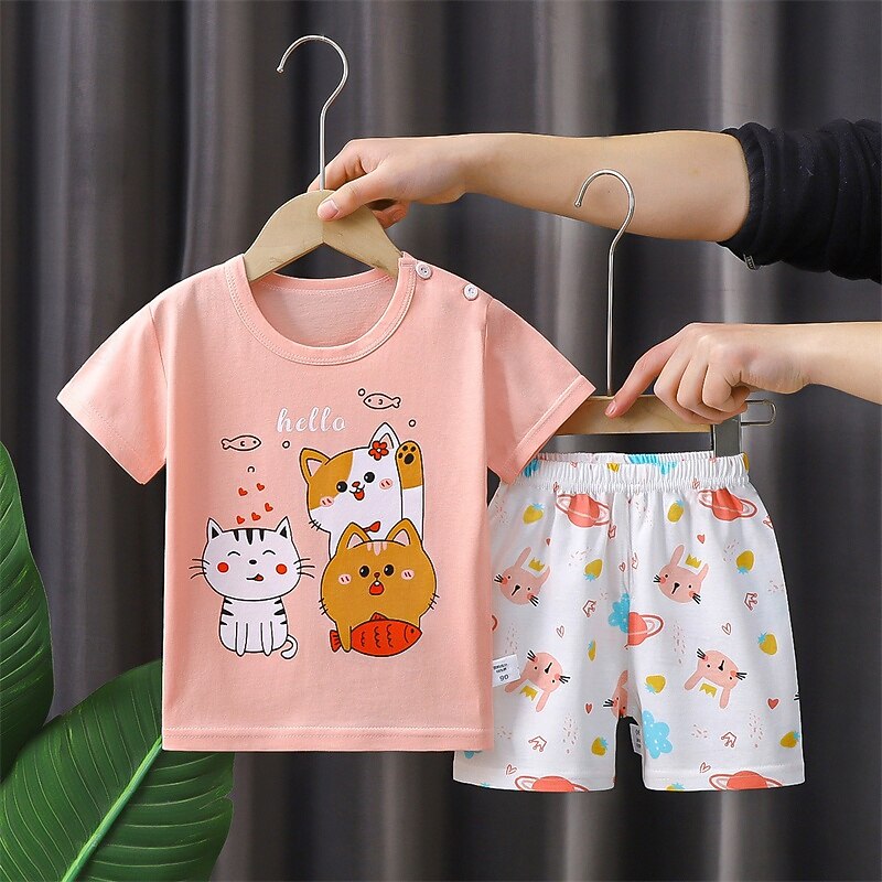 2 Pieces Kids Girls' Animal Crewneck T-shirt & Shorts Set Short Sleeve Fashion Outdoor 4 years+ Summer Pink Blue Light Blue3
