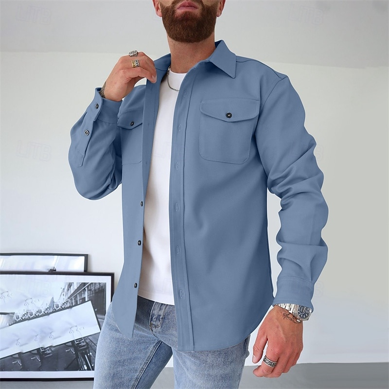 Men's Shirt Jacket Transition Jacket Daily Lightweight Pocket Summer Spring Plain Casual Lapel Regular Black Navy Blue Blue Khaki Light Grey Jacket