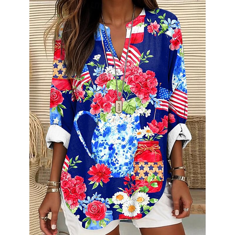 Women's Blouse Tunic V Neck Long Sleeve Boho Casual Patriotic Graphic Flag Vintage Tropical Regular Tops Daily Wear Print4