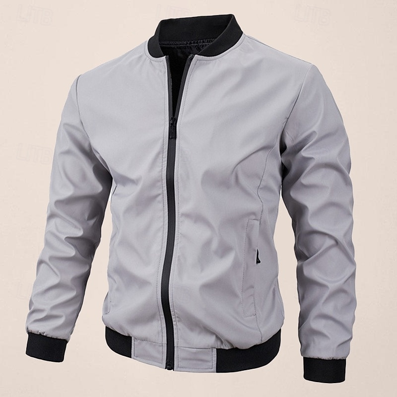 Men's Bomber Jacket Transition Jacket Going out Windbreaker Pocket Spring &  Fall Plain Classic Stand Collar Regular Black Dark Blue Gray Jacket3