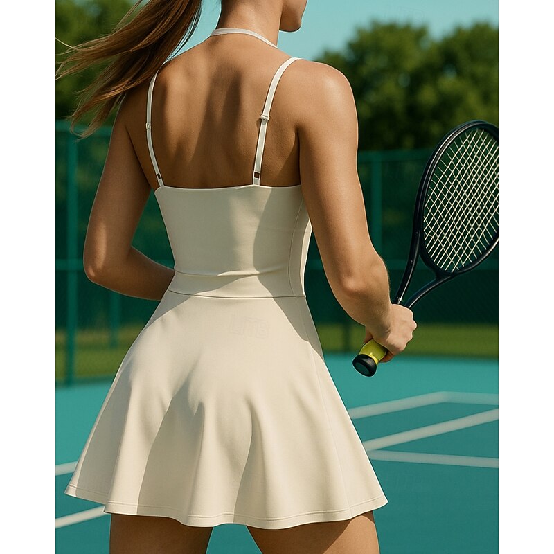 Women's Solid Colored Tennis Dress with Built in Shorts and Bra Sports Dress Sleeveless Pocket Breathable Tennis Pickleball Round Neck Dress Black Ivory Dark Navy Tennis Clothing2
