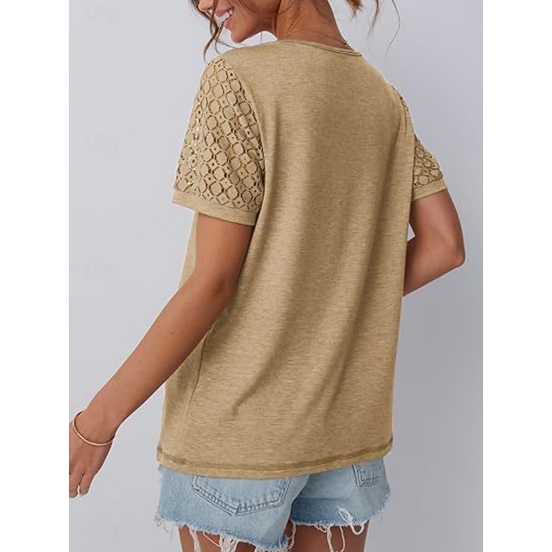 Women's T Shirt Plain Fashion Stylish Classic Short Sleeve Crew Neck Regular Tops Daily Weekend Lace Patchwork Black Pink Wine Khaki Summer4