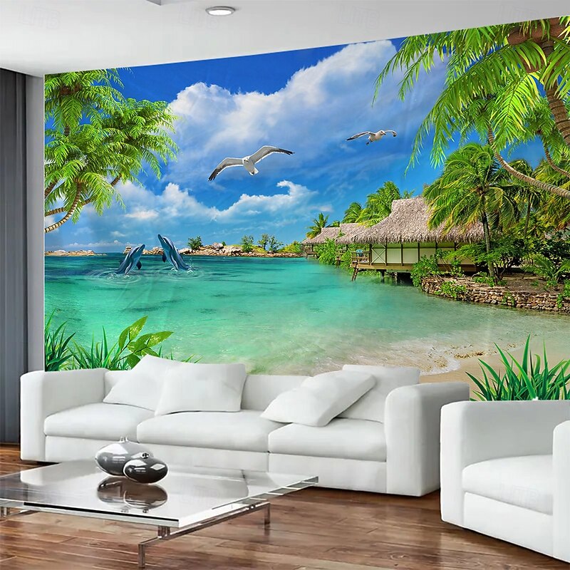 Seascape Grass House Bridge Landscape Hanging Tapestry Mural Art Large Tapestry Mural Decoration Photos Background Carpet Curtains Home Bedroom Living Room Decoration2
