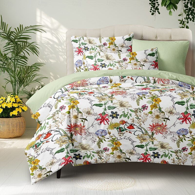 Flowers Duvet Cover 100% Cotton Full Size Bedding Set Bed Sets Quilt Cover Soft Lightweight Comforter Cover with 2 Pillowcases for All Season