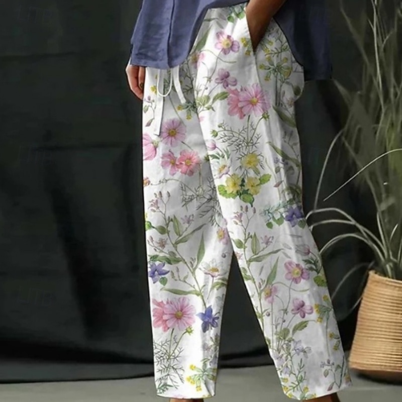 Women's Cotton Linen Pants Cropped Pants Streetwear Boho Ankle-Length Mid Waist Floral Elastic Waist Comfortable Daily Wear Going out Pink Red Summer Spring Regular Fit2