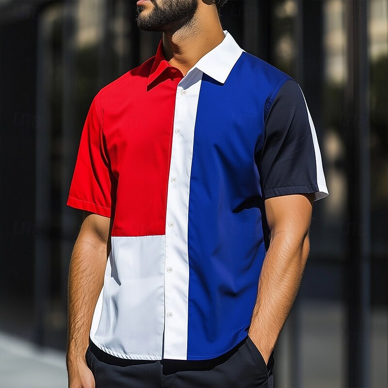 Bastille Day Men's Patriotic French Flag Shirt Summer Shirt Button Up Shirt Short Sleeve Fashion Casual Holiday Festival Summer Spring Turndown 3D Print Collared Shirts White Dark Blue2
