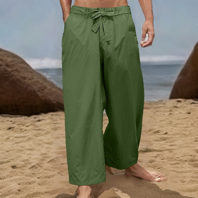 Men's Linen Pants Trousers Summer Pants Elastic Waist Plain Comfort Breathable Full Length Casual Daily Holiday Vacation Fashion Loose Fit Black White Micro-elastic3