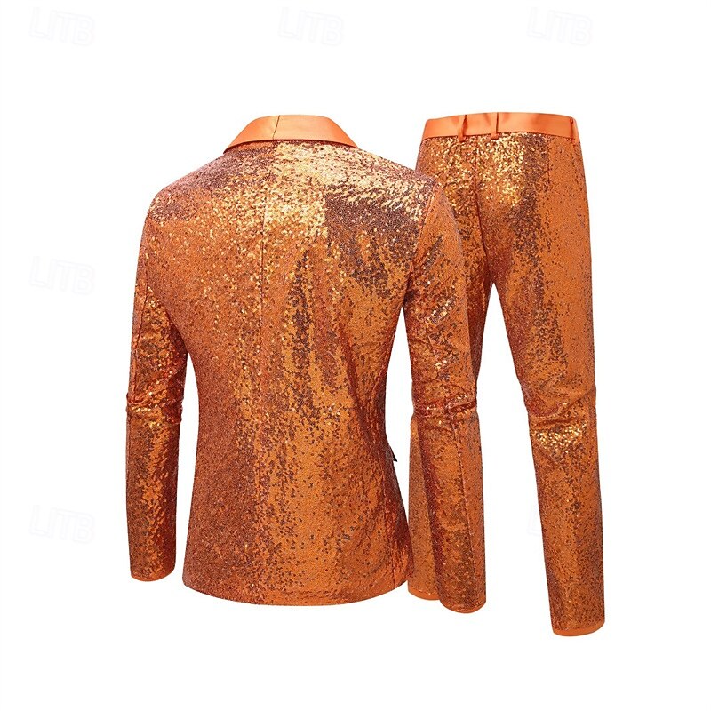 Men's Blazer Set Stage Wedding Party Party / Cocktail Fashion Casual Spring Autumn / Fall Polyester Plain Pocket 2 Piece Comfortable Single Breasted Blazer Orange4