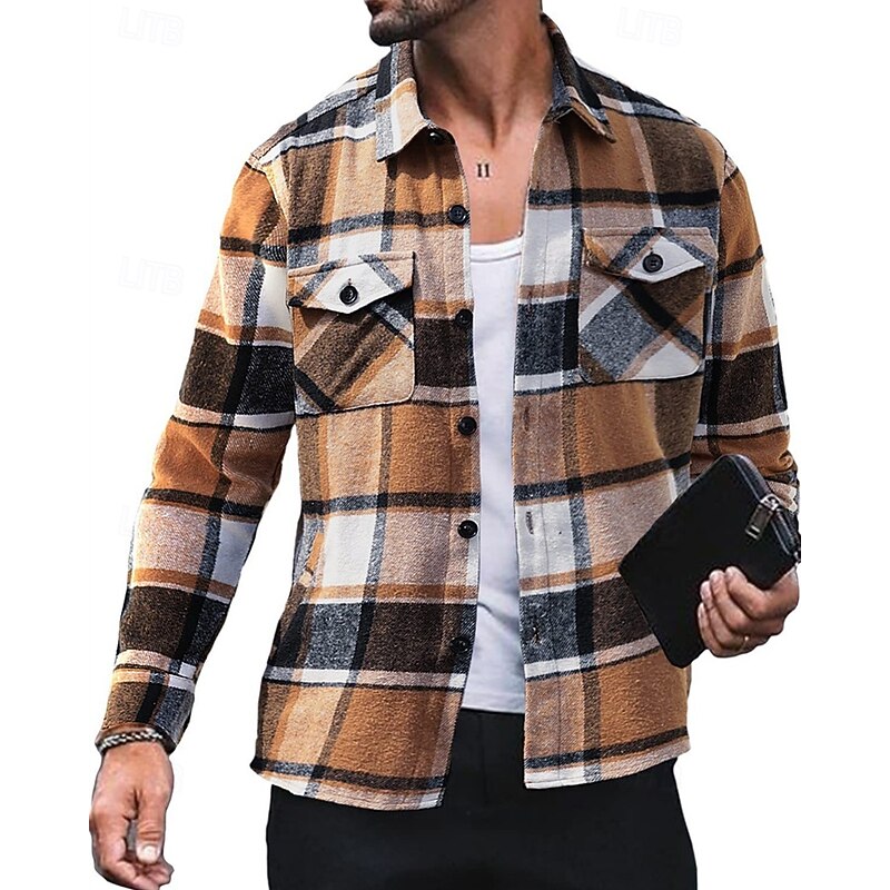 Men's Shirt Jacket Winter Jacket Shacket Plaid / Check Vacation Daily Wear Red Blue Orange Brown Long Sleeve Lapel Winter Autumn / Fall Clothing Apparel Pocket
