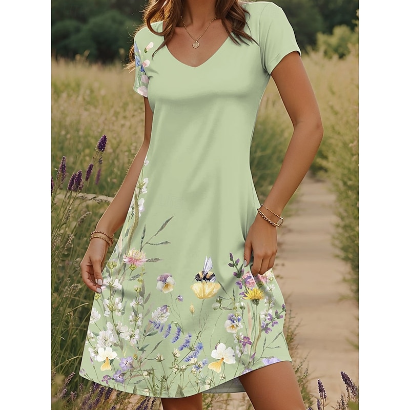 Women's Mini Dress T Shirt Dress Tee Dress Sundress Summer Dress Vacation Casual Boho Daily Going out Regular Fit Floral Graphic Short Sleeve V Neck Purple Green Summer