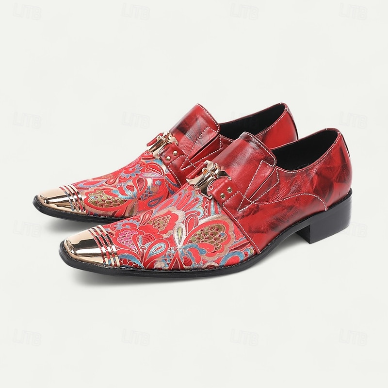Men's Red and Gold Leather Dress Shoes with Gold Tip Paisley Pattern and Buckle Detail–Stylish, Premium, Perfect for Formal Events and Special Occasions2