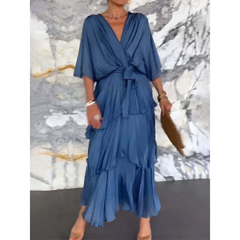 Women's Maxi Dress A Line Dress Solid Color Summer Dress Ruffle Dress Casual Daily Regular Fit Graphic Half Sleeve V Neck Pink Navy Blue Blue Fuchsia Summer3