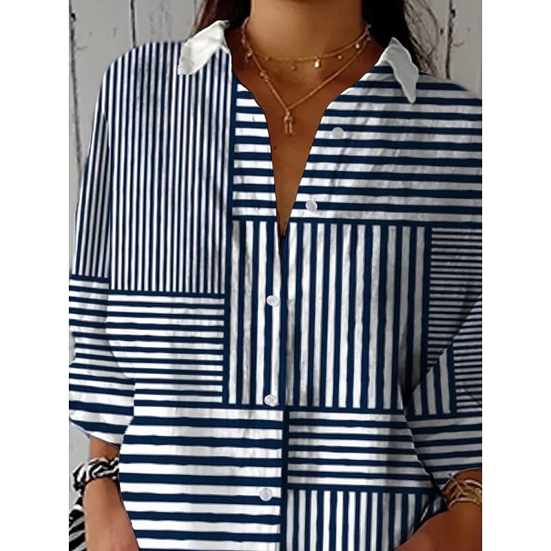 Women's Shirt Button Down Tunic Shirt Collar Long Sleeve Graphic Geometric Striped Daily Stylish Modern Regular Tops Work Daily s Print White Pink Navy Blue Spring4