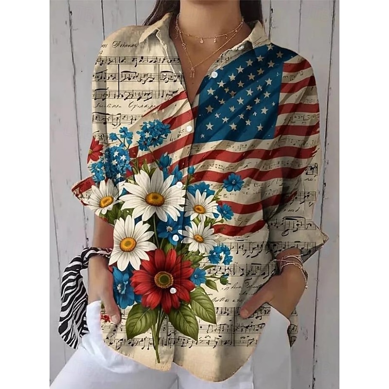 Women's Patriotic Shirt Graphic Flag USA Vintage Daily Stylish Regular Tops Work Daily s Print White Blue Khaki Spring3
