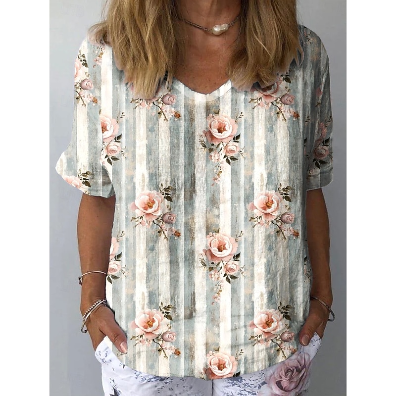 Women's Shirt Floral Graphic Plants Stylish Classic Casual Short Sleeve Crew Neck Regular Tops Daily Beach Wear Vacation Wear Print Light Green Khaki Light Blue Summer Spring2