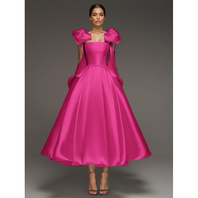 A-Line Cocktail Dresses Elegant Formal Wedding Ankle Length Sleeveless Spaghetti StrapDress Satin with Bow(s)