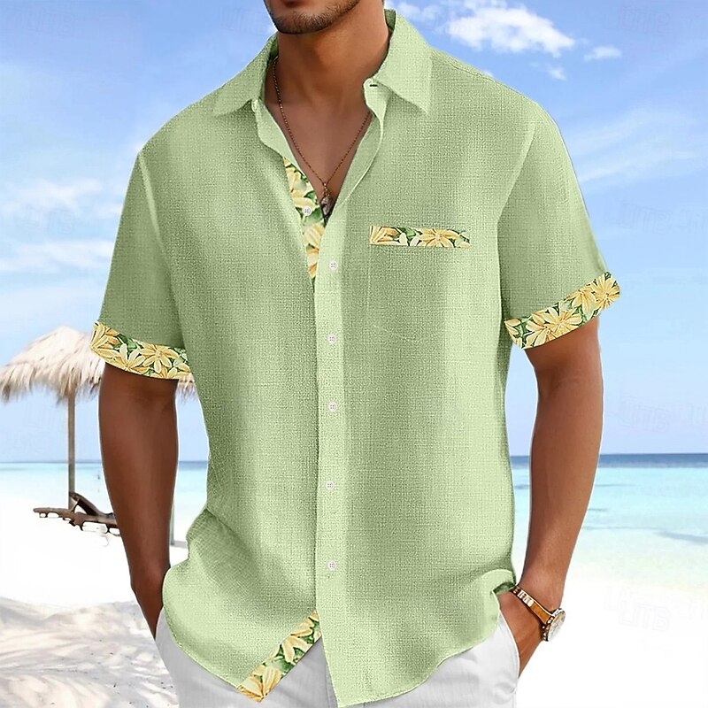 Men's Floral Print Tropical Flowers Summer Hawaiian Shirt Button Up Shirt Aloha Shirt Short Sleeve Hawaiian Vacation Holiday Beach Wear Summer Turndown 3D Print Front One Pocket Linen Like Shirt Blue2
