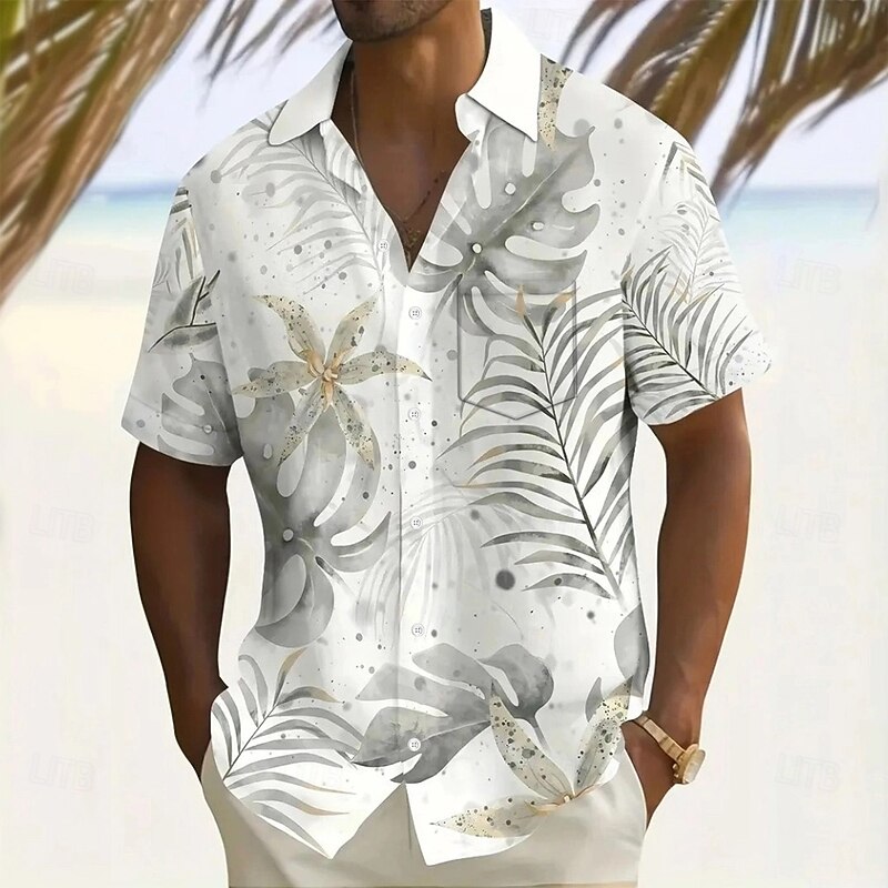 Men's Palm Leaf Tropical Plants Summer Hawaiian Shirt Button Up Shirt Aloha Shirt Short Sleeve Hawaiian Holiday Beach Wear Summer Spring Turndown 3D Print Collared Shirts Front One Pocket White Blue
