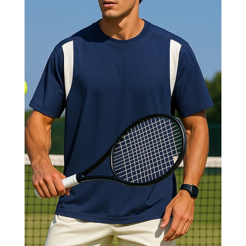 Men's Patchwork Tennis Tee Short Sleeves Sweat-Wicking Moisture Wicking Breathable Tennis Golf Pickleball Crew Neck Blue Purple Grey Tennis Clothing