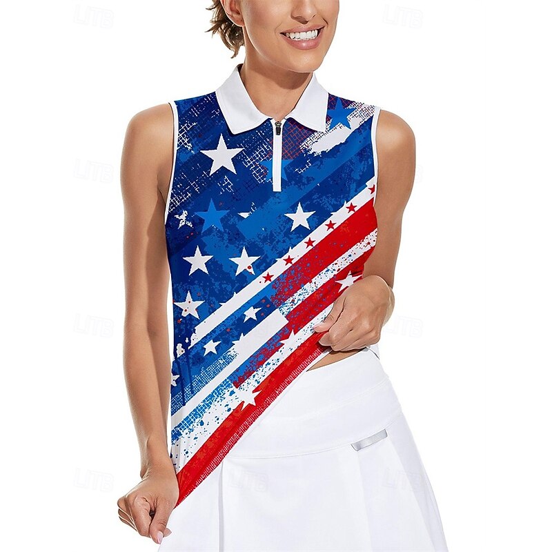 Women's National Flag Tennis Shirt Sleeveless Print UPF50+ Quick Dry Tennis Golf Badminton Zip Collar Tee Tshirt Top Blue Tennis Clothing2