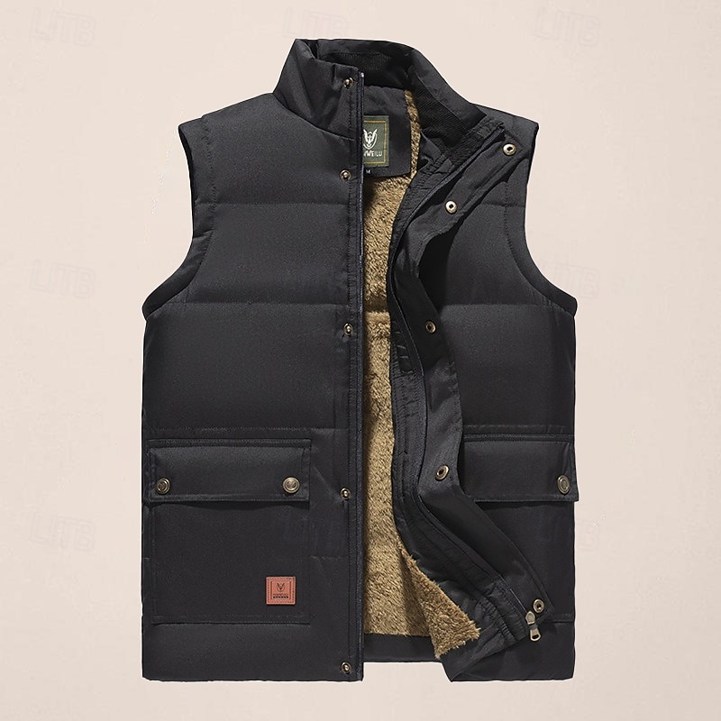 Men's Quilted Vest Daily Casual Fall & Winter Pocket Polyester Comfortable Solid Color Zipper Stand Collar Black Khaki Army Green Dark Blue Vest
