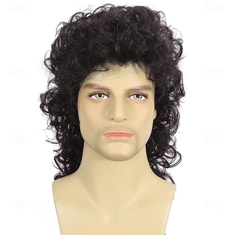 Brown Curly Mullet Wigs for Men 80s Long Curly Hippie Rocking Party Cosplay Costume Anime Hair Wig Halloween Wigs2