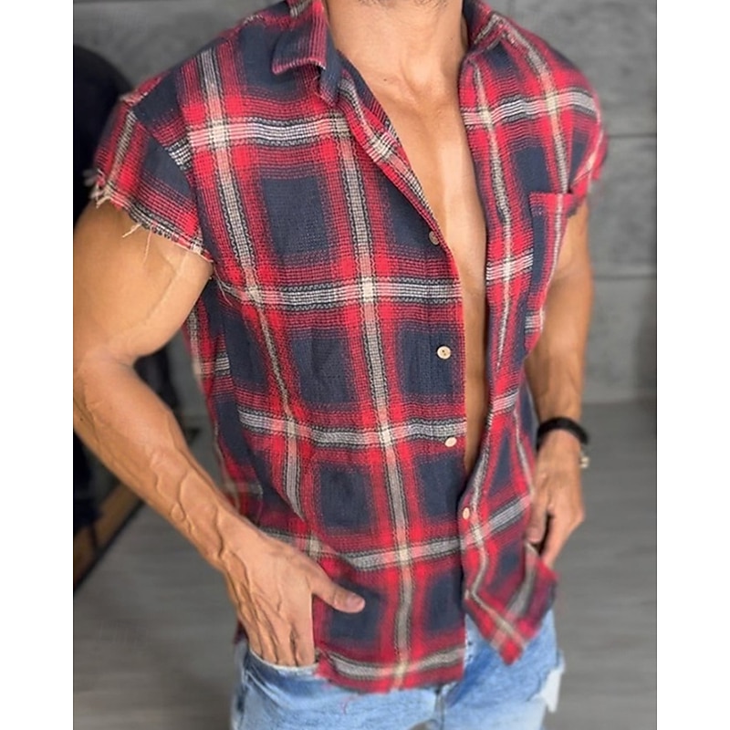 Men's Shirt Summer Shirt Casual Shirt Beach Shirt Button Up Shirt Black Red Blue Short Sleeve Plaid Lapel Vacation Hawaiian Clothing Apparel Polyester Fashion Casual Comfortable