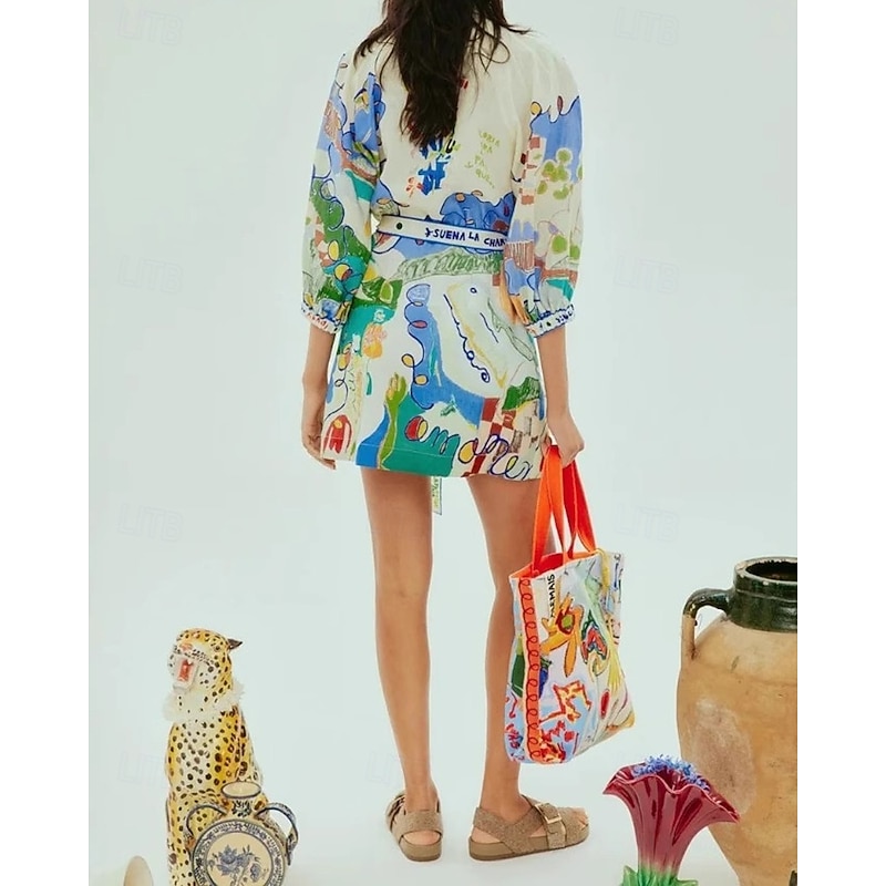 Women's Mini Dress Cotton Linen Dresses Casual Dress Fashion Outdoor Party Holiday Regular Fit Painting 3/4 Length Sleeve Shirt Collar Blue Summer2