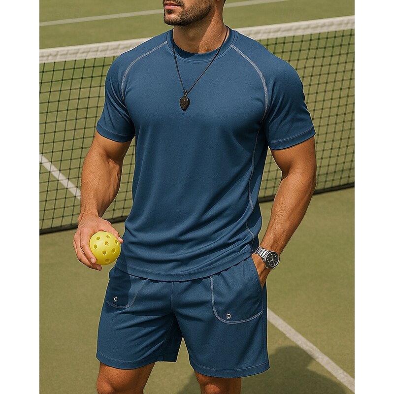 Men's Stripes Sports Set Tennis Set Two-piece Suit Short Sleeves Sweat-Wicking Moisture Wicking Breathable Tennis Golf Pickleball Crew Neck Black Royal Blue Khaki Tennis Clothing3