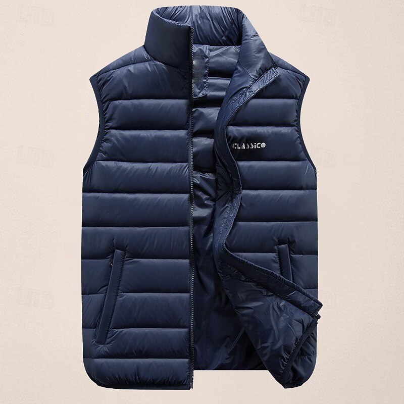 Men's Puffer Vest Going out Basic Fall & Winter Pocket Polyester Warm Letter Zipper Stand Collar Regular Fit Black Red Blue Army Green Vest