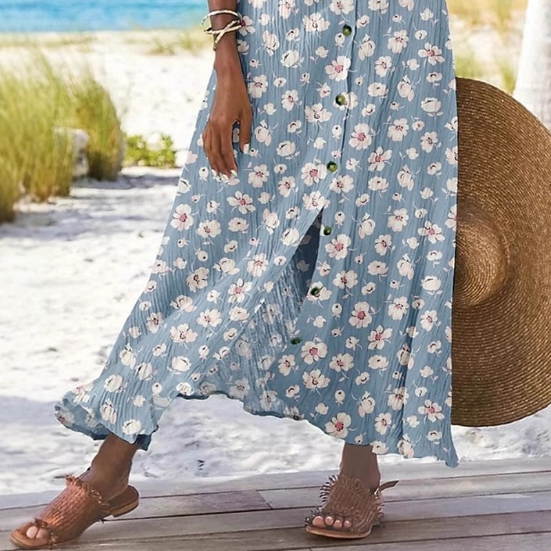 Women's Skirt Casual Boho Maxi Mid Rise Skirts Floral Print Split Ends Micro-elastic Street Going out Sky Blue Summer Polyester3