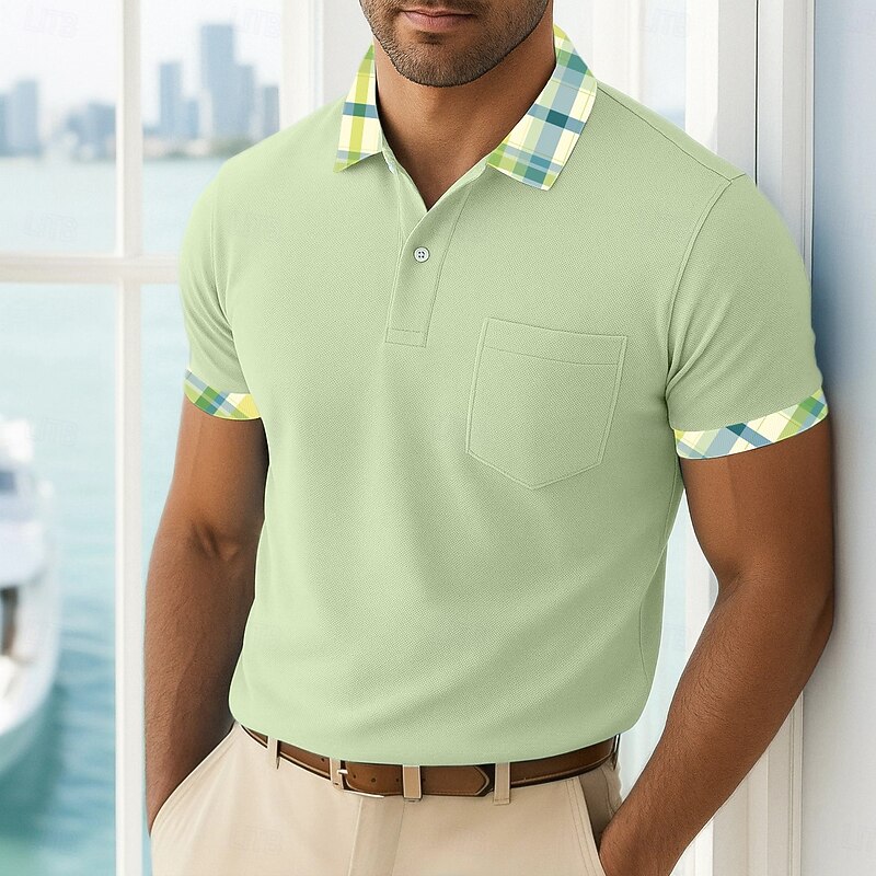 Men's Golf Shirt Pique Polo Shirt Business Casual Ribbed Polo Collar Short Sleeve Fashion Basic Solid Color Plaid Buttons Summer Spring Spring &  Fall Regular Fit Light Green Golf Shirt