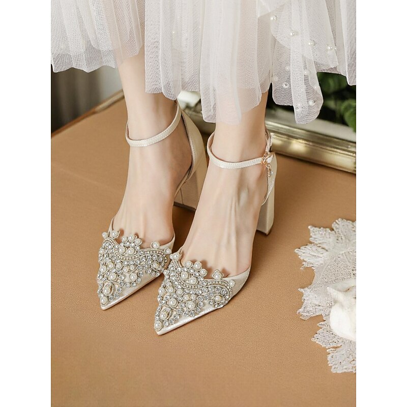 Women's Pearl and Rhinestone Embellished Block Heel Wedding Pumps - Pointed Toe Satin Bridal Shoes for Elegant Brides4