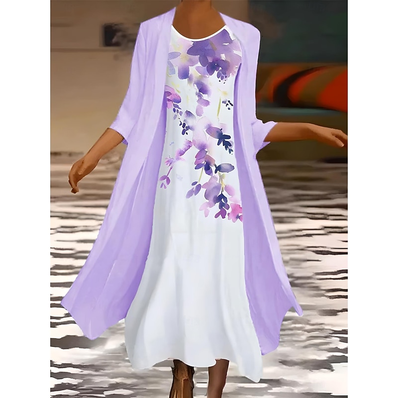 Women's Dress Set Summer Dress Vacation Casual Ombre Floral Print Maxi Dress 3/4 Length Sleeve Crew Neck Wedding Guest Birthday White Light Purple Purple Summer Spring Regular Fit3
