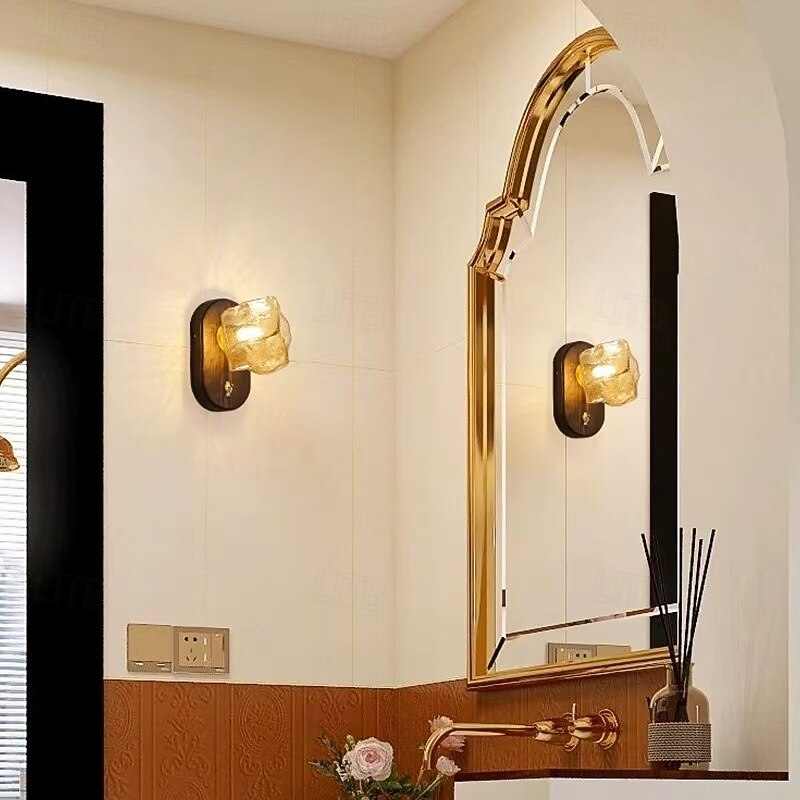 LED Indoor Wall Lights Warm White 20cm 1-Light Ice Cube Shape Wall Light Living Room Background Wall Lamp G9 Wood Glass Retro Simple Wall Mount Sconce Fixture Minimalist Bedroom Bedside Atmosphere Lamp 110-240V4