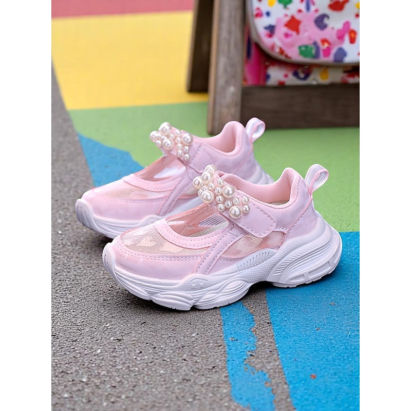Girls' Pink Mesh Mary Jane Sneakers with Pearl Strap – Breathable Lightweight Back to School Sport Sandals for Playground and Daily Wear