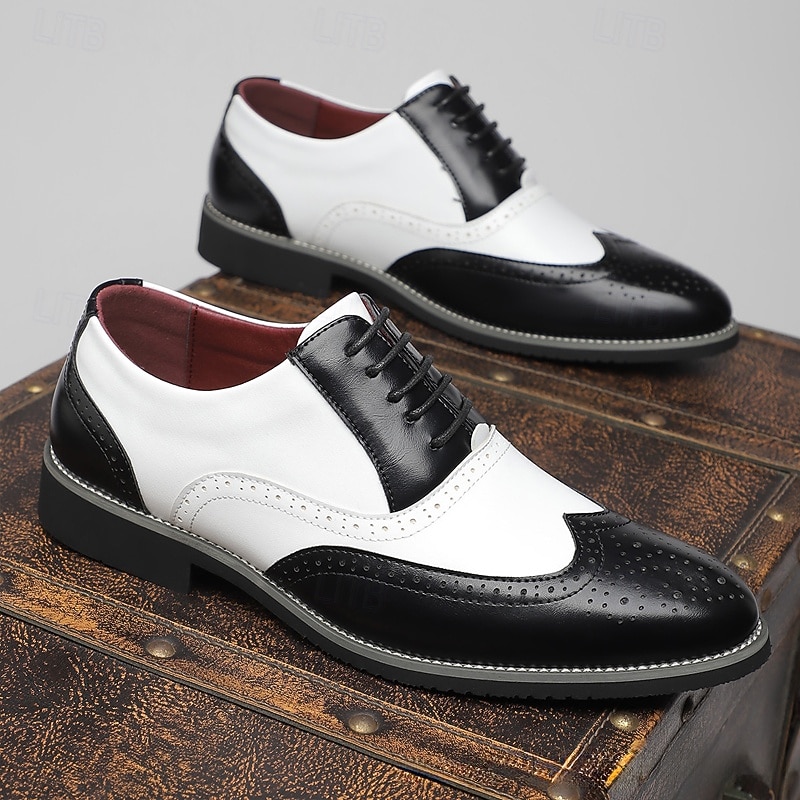 Men's Black and White Wingtip Oxford Spectator Shoes, Gatsby-Inspired Genuine Leather Brogue Dress Shoes for 1920s Jazz Party, Vintage Wedding, and Formal Evening Events2