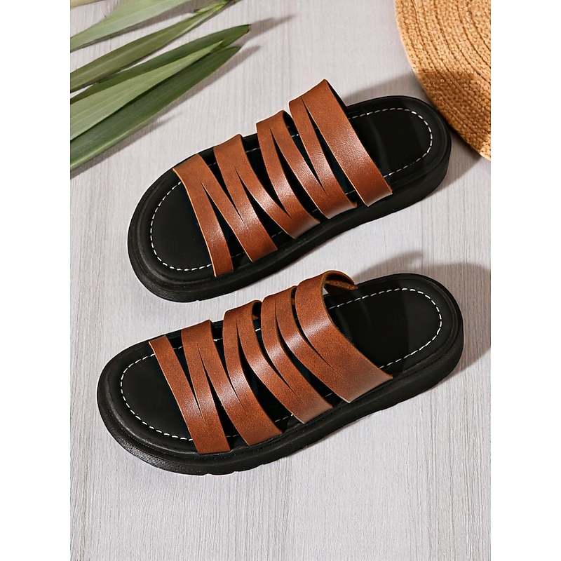 Women's Brown Multi-Strap Slide Sandals – Casual Faux Leather Flats for Beach, Resort, and Vacation Outfits4