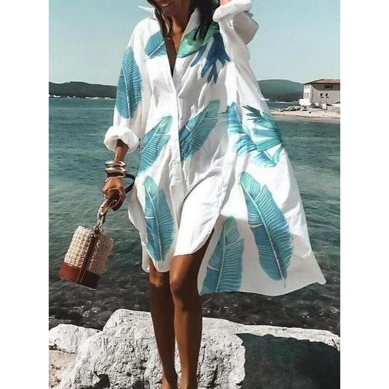 Women's Mini Dress Shirt Dress Casual Dress Summer Dress Fashion Modern Daily Beach Weekend Regular Fit Floral Long Sleeve Shirt Collar White Pink Blue Green Summer3