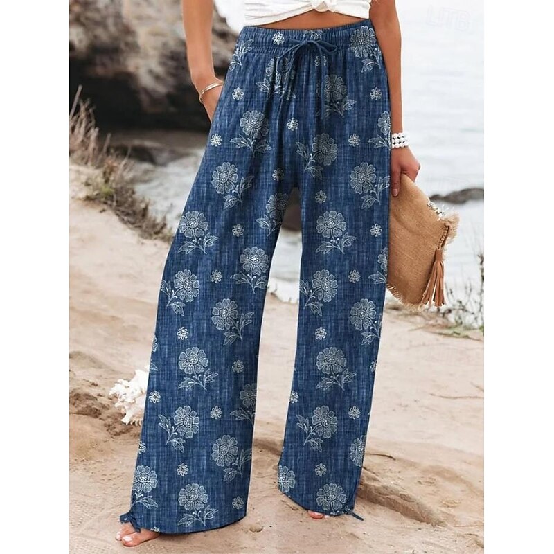 Women's Wide Leg Chinos Baggy Pants Vacation Fashion Hawaiian Full Length High Waist Floral Graphic Drawstring Printing Soft Breathable Micro-elastic Vacation Street Causal Violet off-white Deep Blue3