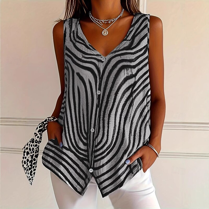 Women's Camisole Tank Top Graphic Striped Elegant Casual Sleeveless V Neck Regular Tops Daily Holiday Buttons Print Yellow Pink Blue Gray Summer Spring2
